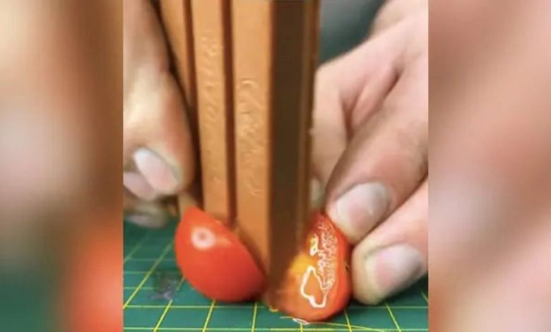 Man sharpens KitKat's edge with a knife, then cuts tomatoes - watch viral video