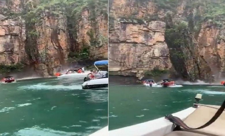 The rock suddenly fell on the people boating, the soul will tremble after watching the video