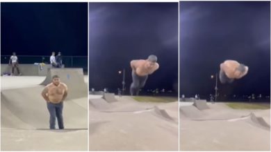 Photo of Shocking!  A heavy man wearing a skate hit the backphilp in a dangerous way, people were surprised to see the video