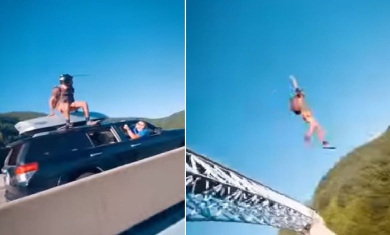 VIDEO: Man jumped off the bridge from a moving vehicle, people pressed their fingers under their teeth after seeing dangerous stunts and courage
