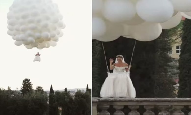 VIDEO: When the bride entered the wedding venue riding on balloons, the guests were stunned by the view