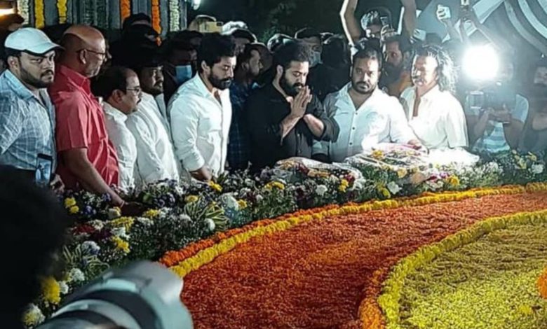 Jr NTR, Ram Charan and Chiranjeevi paid tribute to NT Rama Rao on his 100th birth anniversary, pictures surfaced