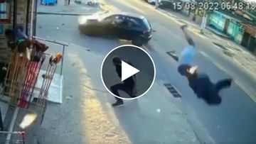 Photo of Horrible collision between car and bike, yet the person survived, this video will give goosebumps