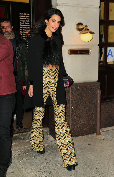 clooney wearing patterned pants with fuzzy crop top