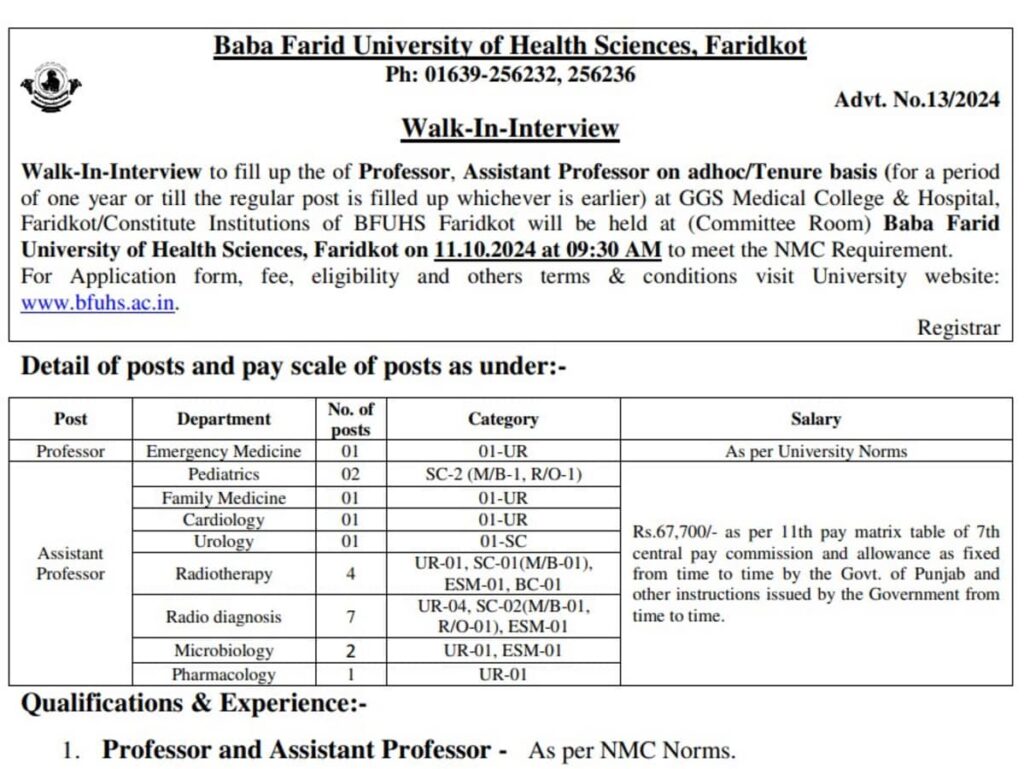 BFUHS Recruitment 2024: Walk-in Interview Tomorrow for Professor and Assistant Professor Positions