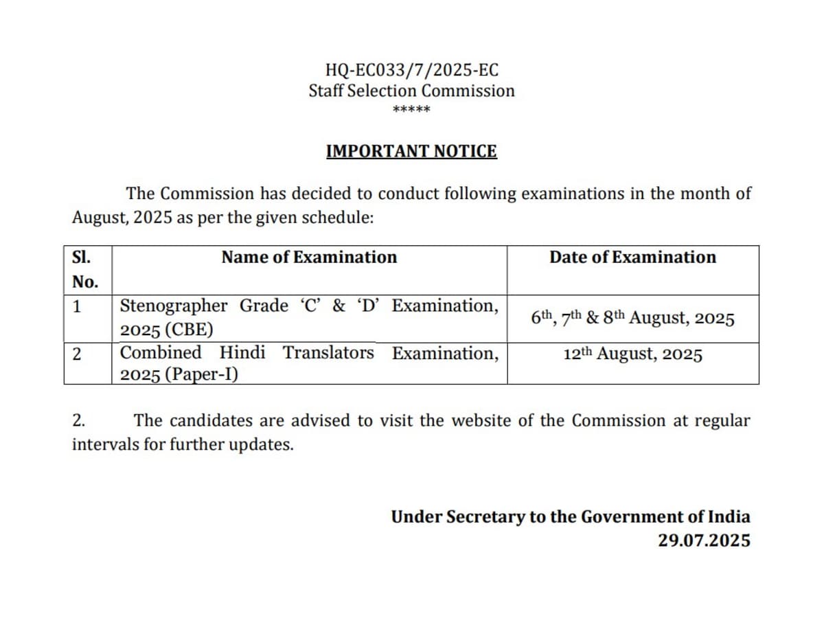 SSC Exam Dates 2025: Stenographer and Combined Hindi Translator Exam Announced, Check Notice